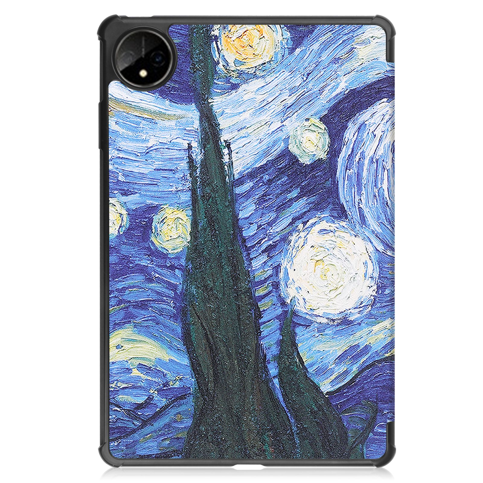 Tablethülle mit Van Goghs Sternennacht-Gemälde. Blaue und gelbe Farben.