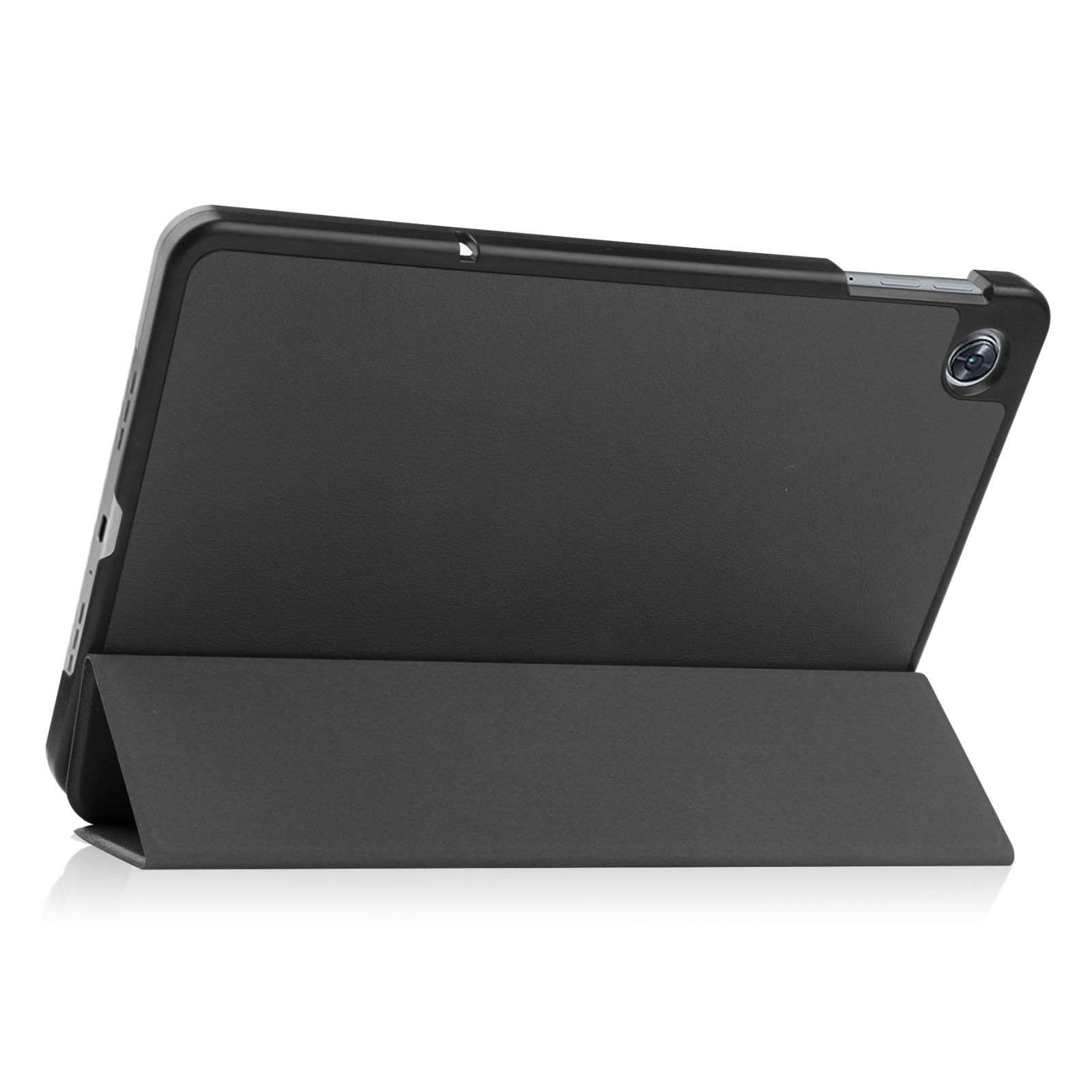 Tablet-Hülle, geschlossen, Rückansicht, schwarze Farbe. Zeigt Kamera- und Gehäusedetails.