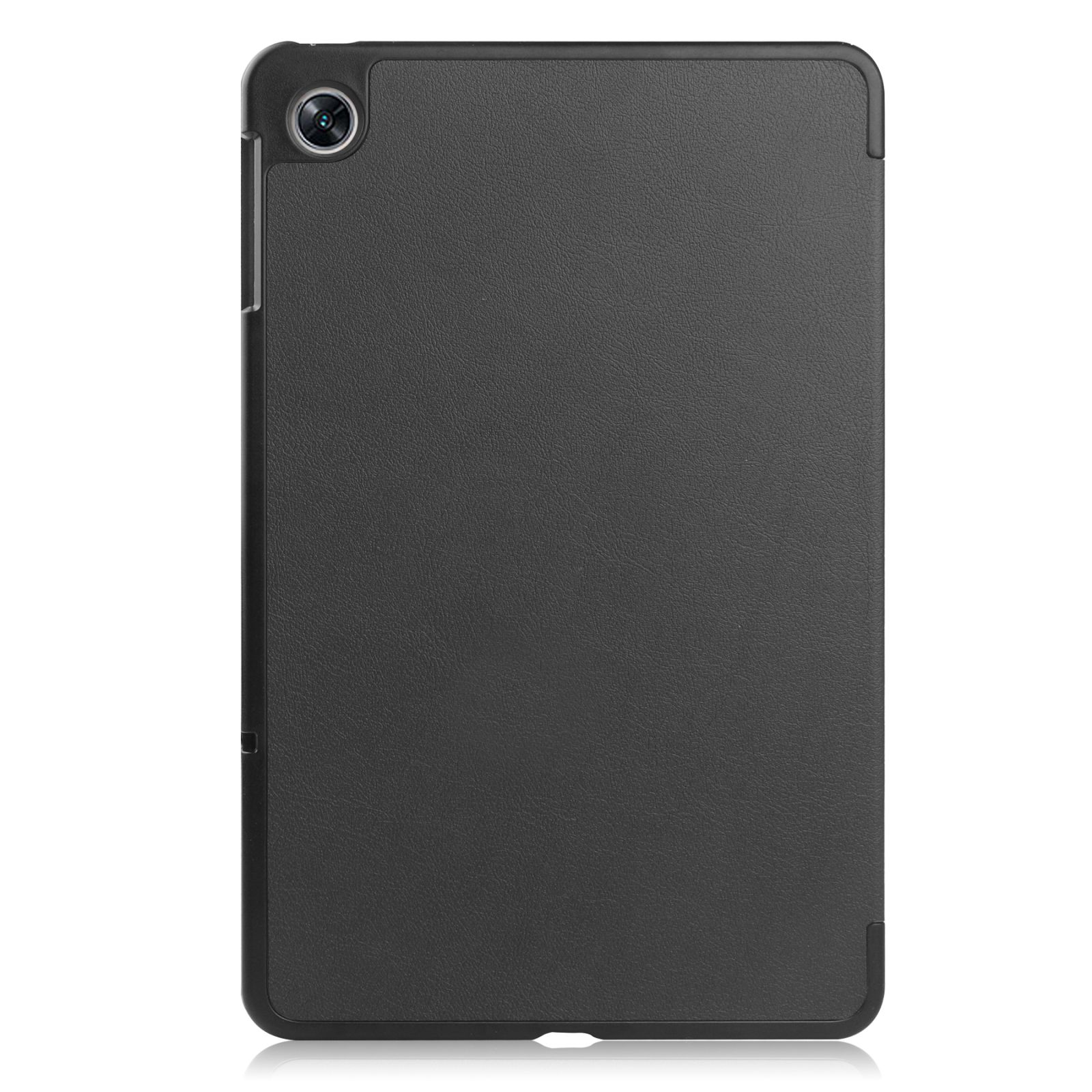 Schwarze Tablet-Hülle von hinten. Hat eine Kamera und eine glatte, strukturierte Oberfläche.
