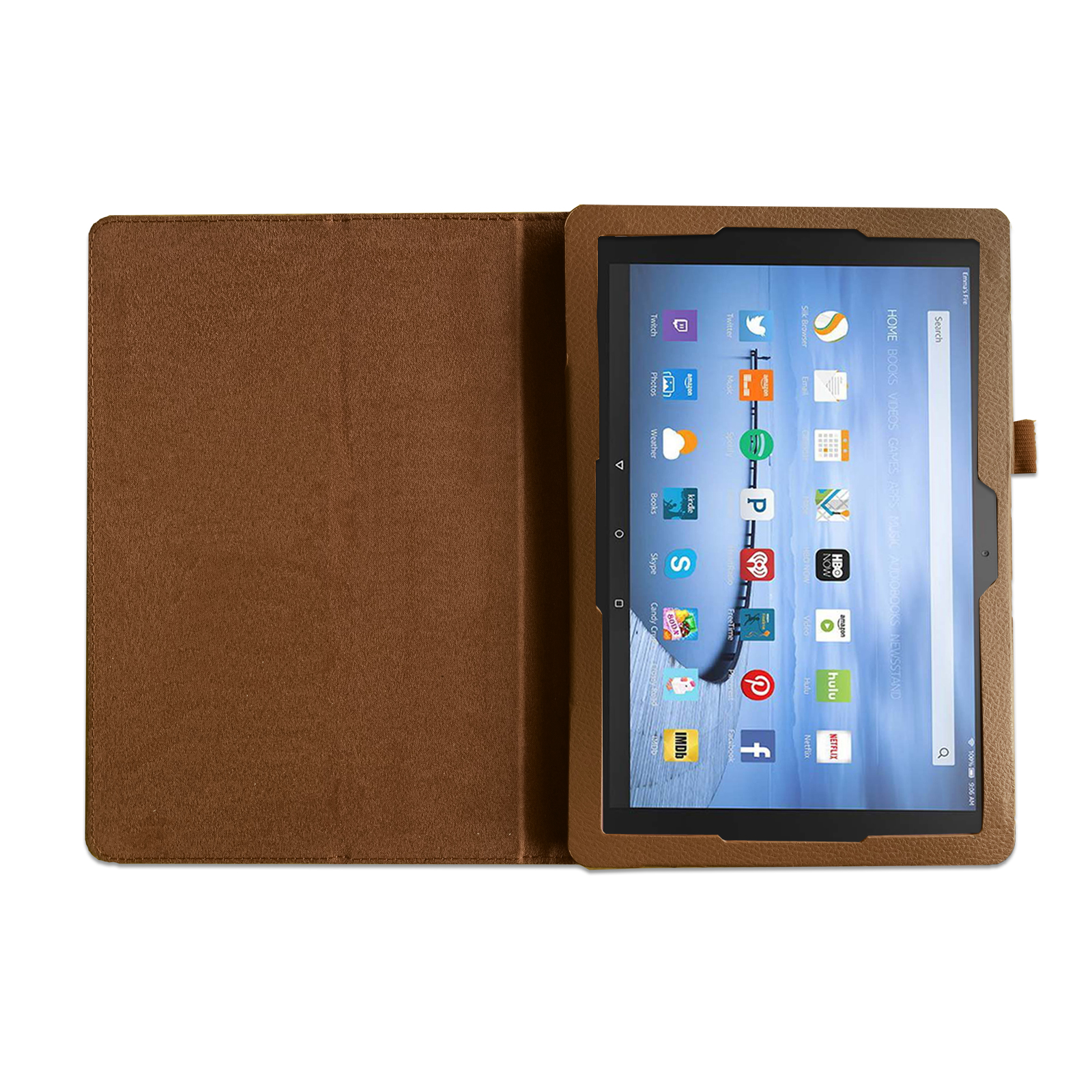 Tablet in brauner Hülle, offen. Zeigt App-Symbole auf dem Bildschirm. Hellbrauner Innenraum.