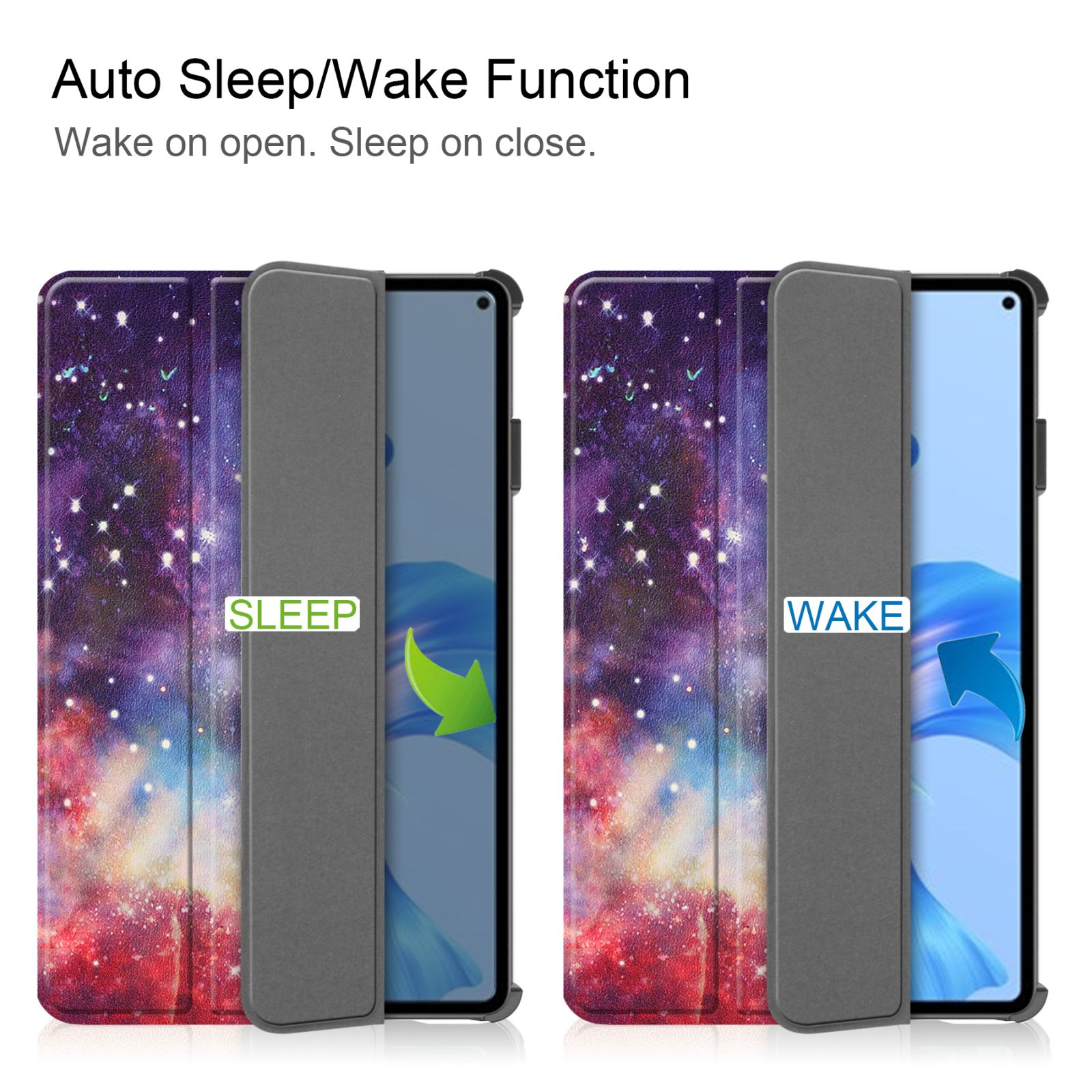 Tablet-Hülle mit Sleep/Wake-Funktion. Die Hülle ist rechts offen, links geschlossen.