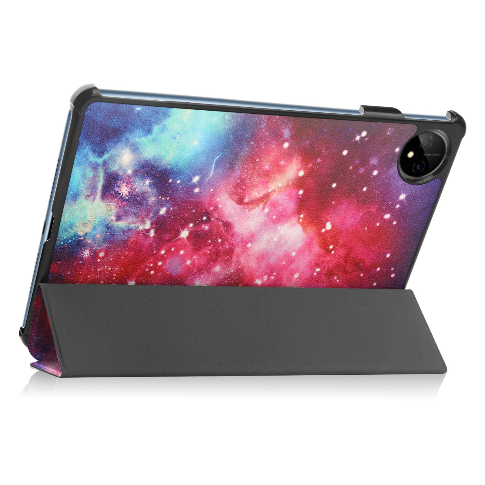 Tablet-Hülle mit Galaxie-Design. Die Hülle befindet sich in einer Standposition. Das Innere der Hülle ist sichtbar.