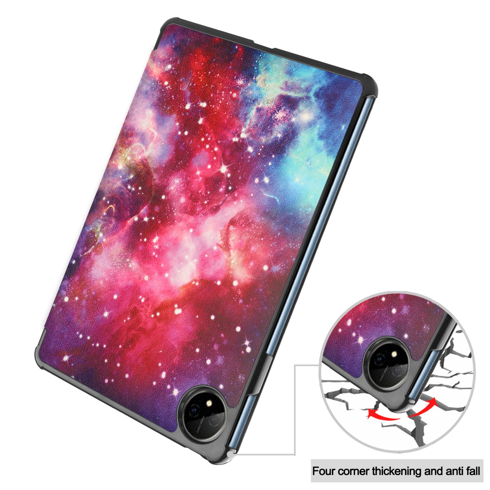 Tablet-Hülle mit Galaxie-Design und Riss-Grafik, mit Anti-Fall-Schutz.