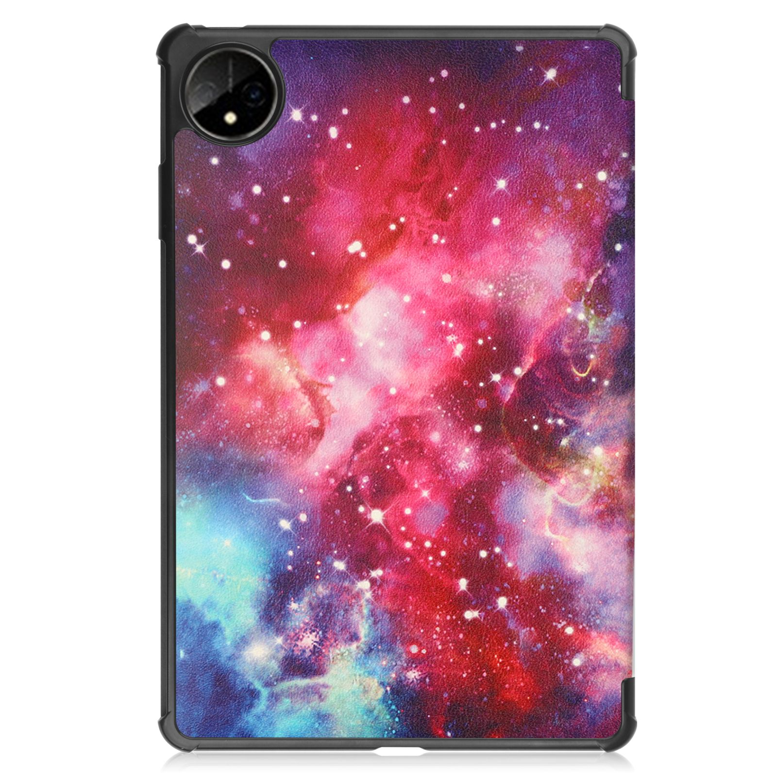 Tablet-Hülle mit Galaxy-Design. Rote, rosa, violette und blaue Farbtöne mit hellen Sternen.