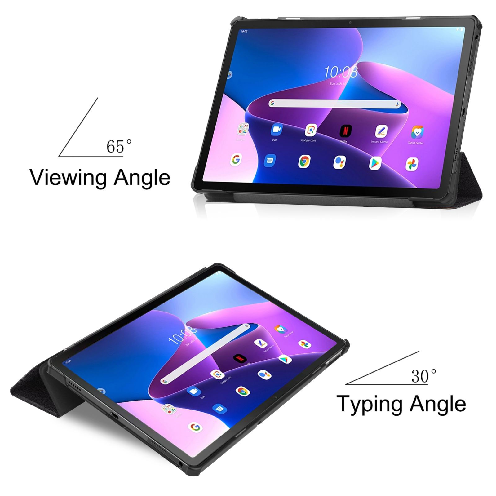 Tablet mit eingeschaltetem Bildschirm in schwarzem Gehäuse. Winkel: 65 Grad. Ein zweites Tablet hat 30 Grad.