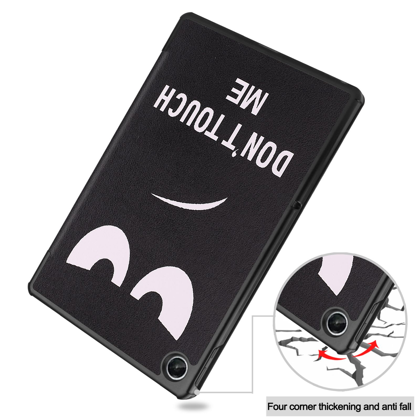 Schwarze Tablethülle mit dem Text 'DON'T TOUCH ME' und einem Smiley. Eckenschutz und Anti-Fall-Funktion.