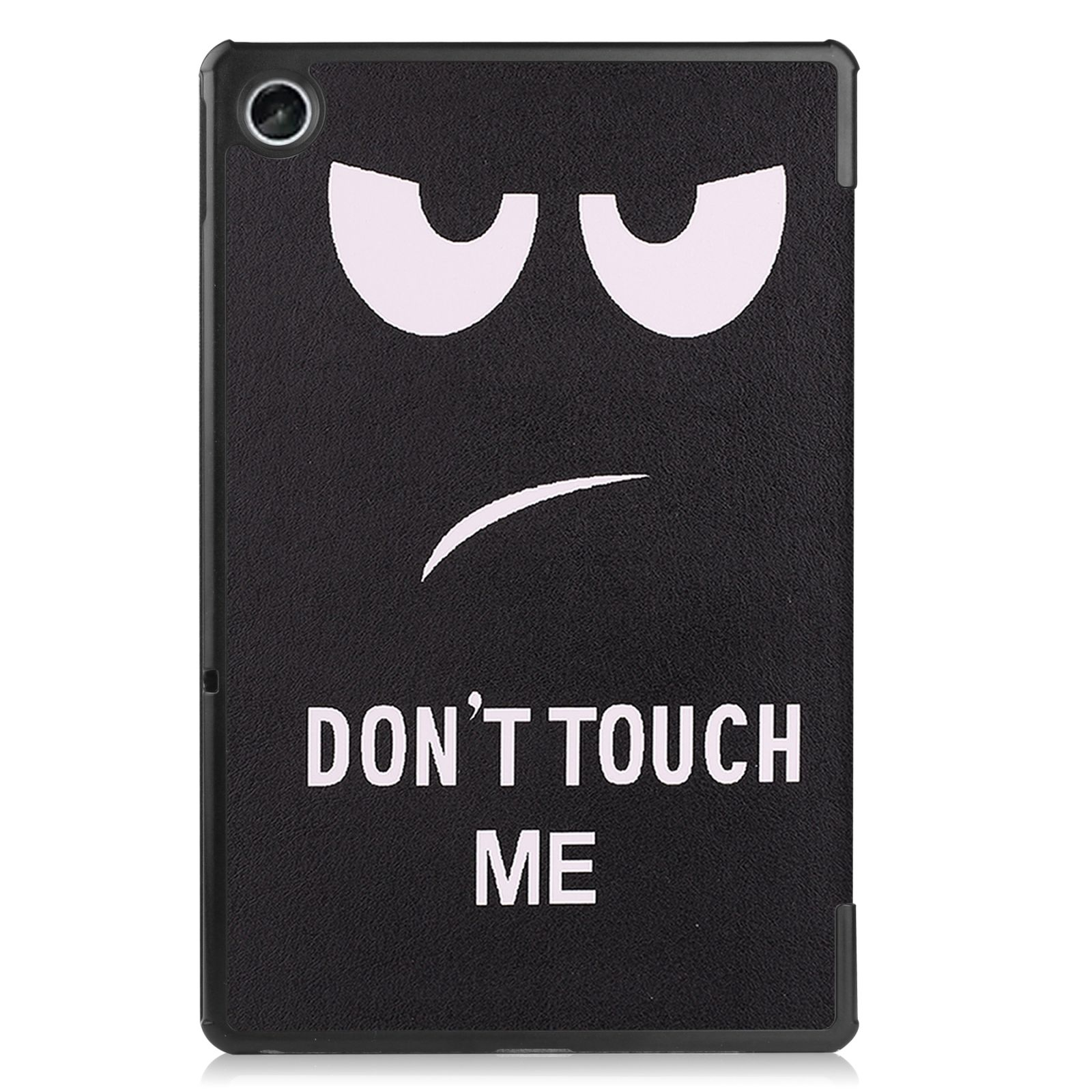 Schwarze Tablet-Hülle mit weißem Gesicht. Das Gesicht hat Augen und den Text "DON'T TOUCH ME".