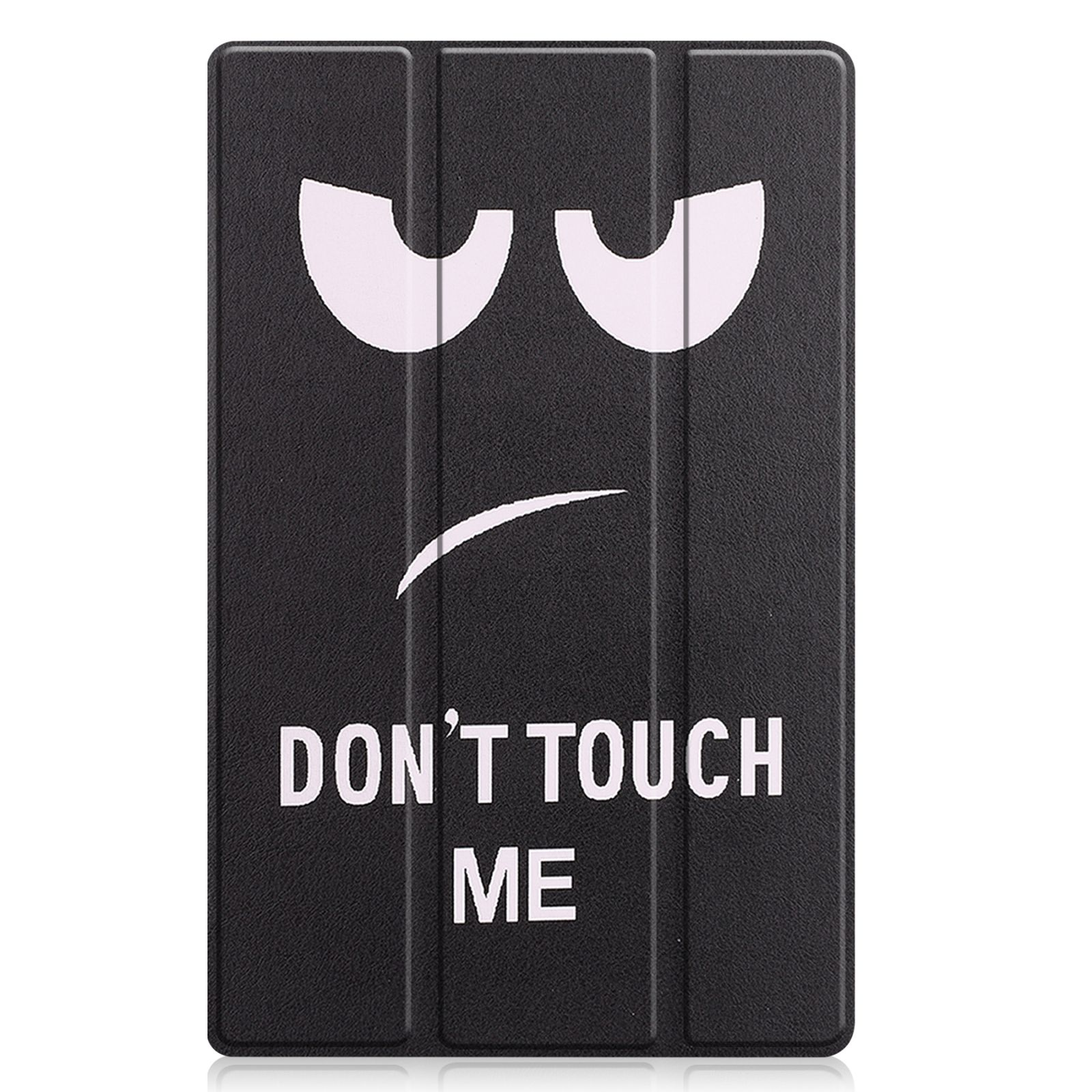 Schwarze Tablethülle mit 'DON'T TOUCH ME' in weißer Schrift und einem traurigen Gesicht.