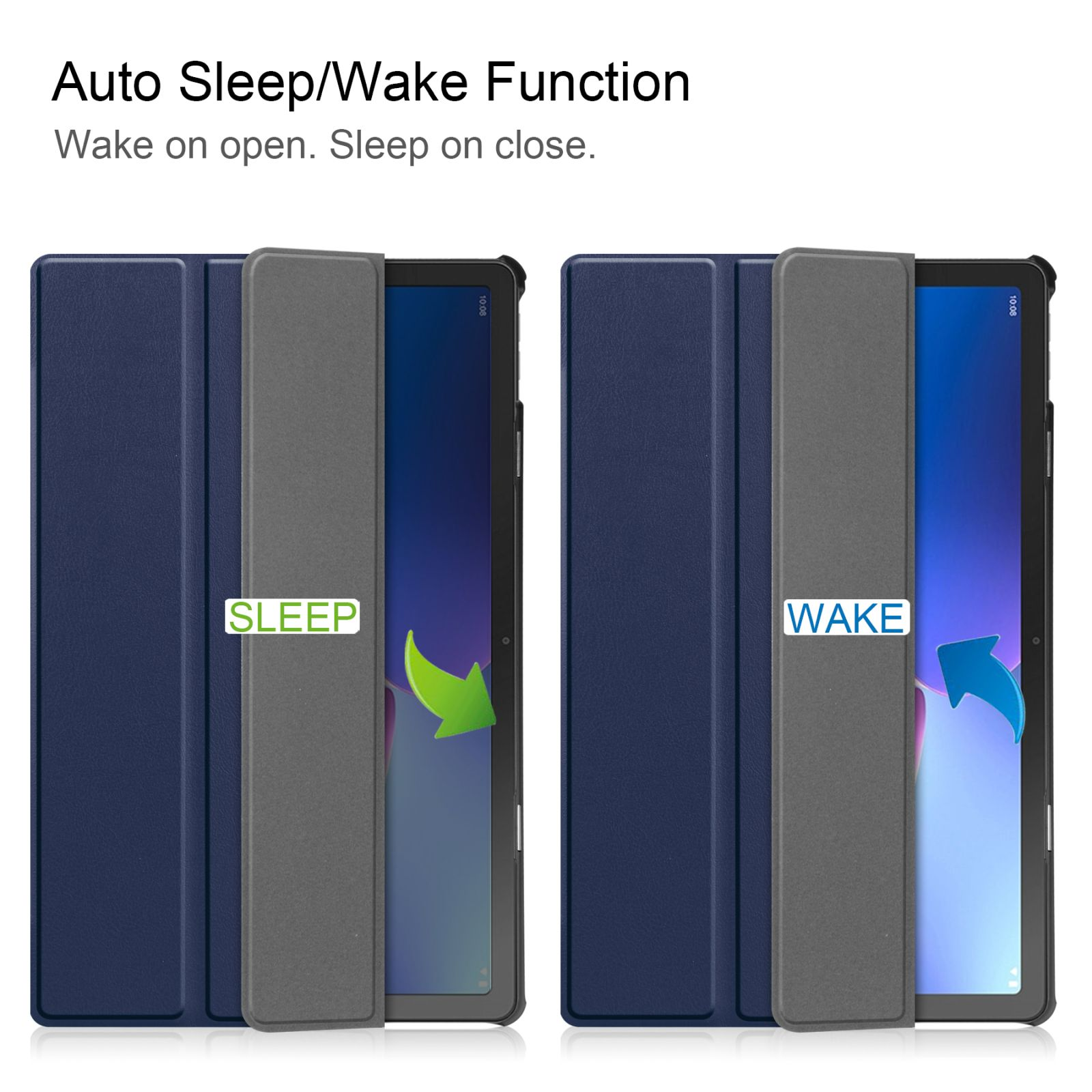 Dunkelblaue und graue Tablet-Hülle. Text: 'Sleep' und 'Wake' mit Pfeilen.