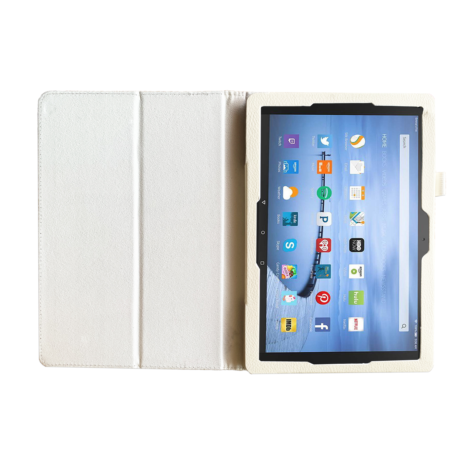 Tablet in weißer Lederhülle; offen, Bildschirm mit App-Symbolen.