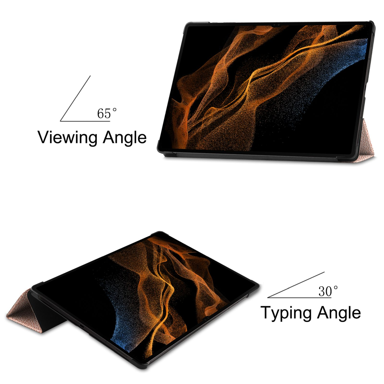 Ein Tablet in einer Hülle, das Betrachtungs- und Tippwinkel zeigt. Text zeigt 65° Betrachtungs- und 30° Tippwinkel.