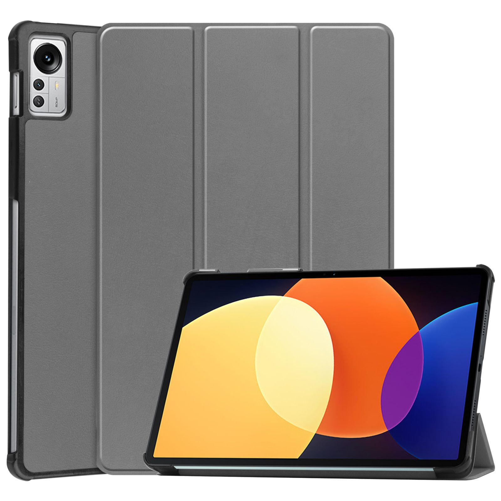 Graue Tablethülle, Tablet offen angezeigt. Die Hülle bedeckt die Rückseite des Tablets.