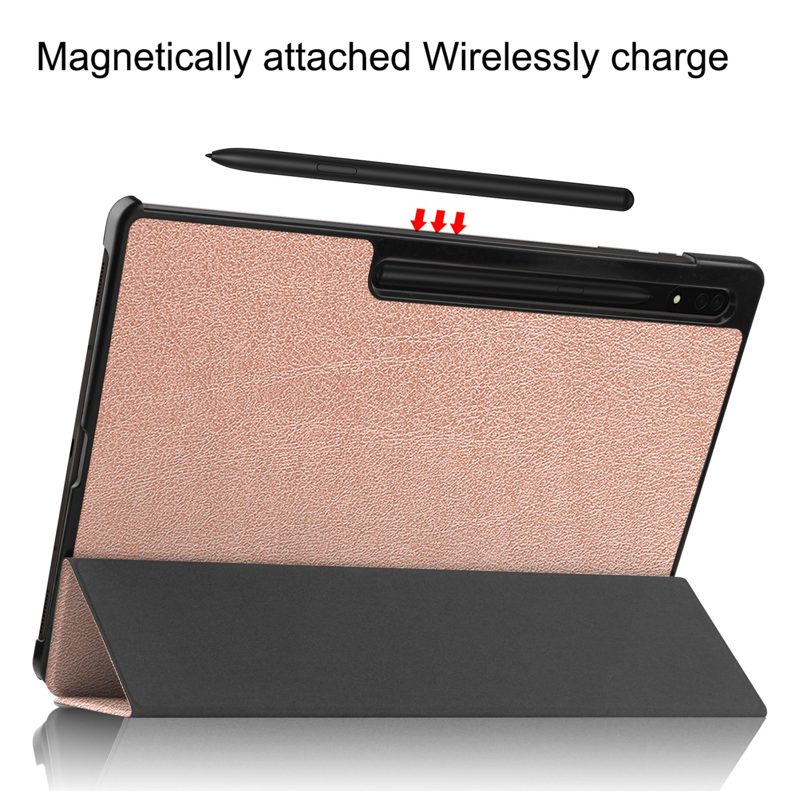 Tablet mit roségoldfarbener Rückseite, schwarzem Rahmen und magnetisch befestigtem Stift.