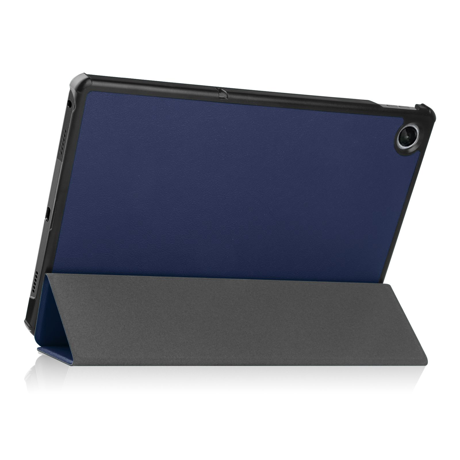 Dunkelblaue Tablethülle, geöffnet, mit einem grauen Ständer. Schwarzer Rahmen umgibt das Tablet.