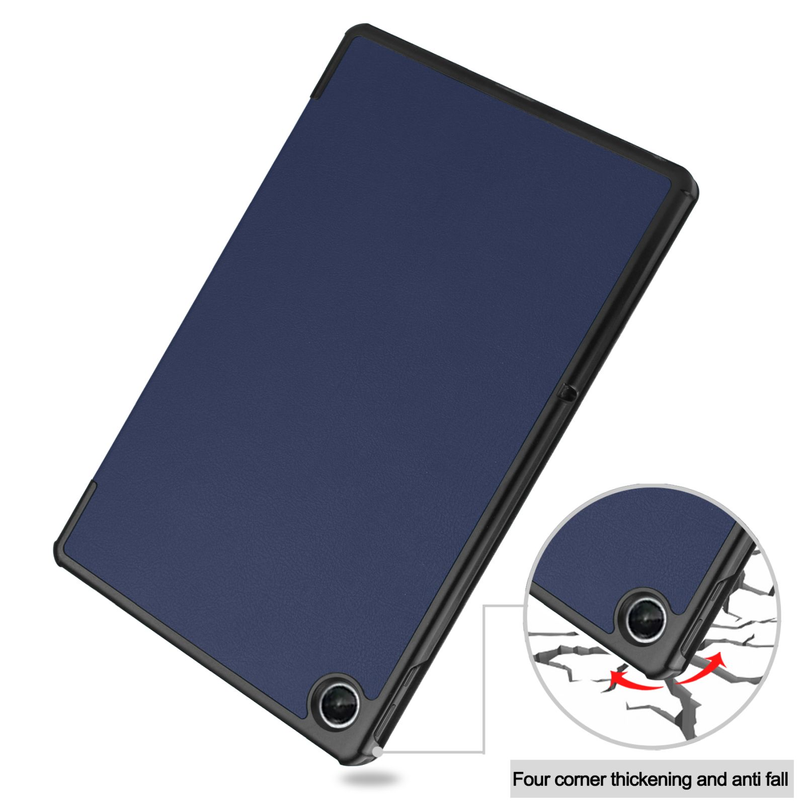 Eine marineblaue Tablet-Hülle mit schwarzem Rahmen. Eine Nahaufnahme der Ecken zeigt eine Anti-Fall-Funktion.