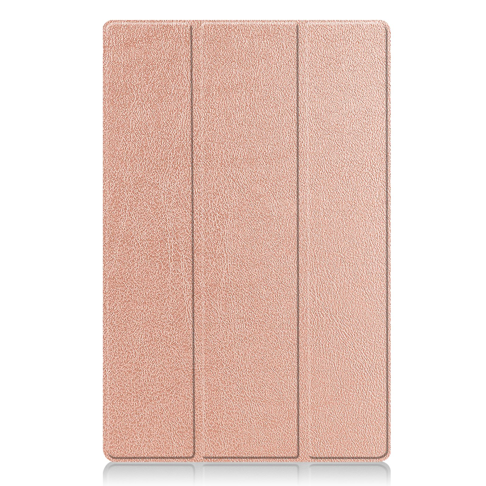 Roségoldfarbene Tablet-Hülle, strukturierte Oberfläche, drei vertikale Abschnitte. Reflektierende Oberfläche darunter.