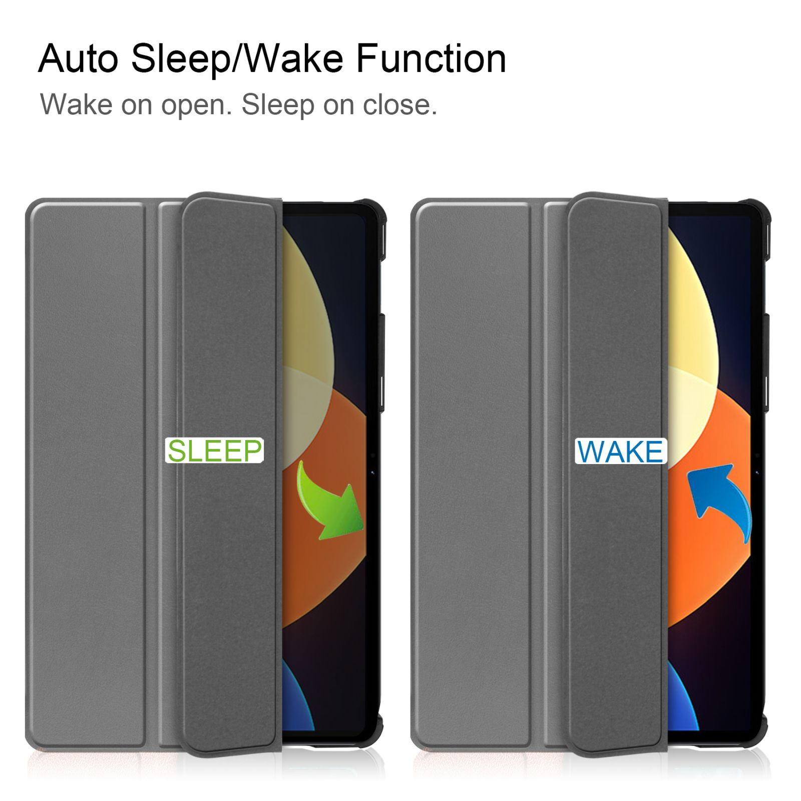 Tablet-Hülle mit geöffneter und geschlossener Position, Text: Sleep/Wake-Funktion.