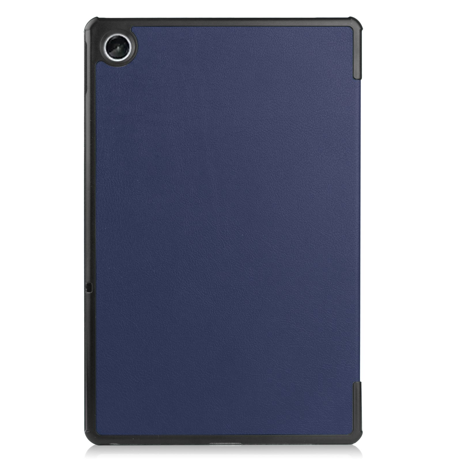 Tablet-Hülle. Die Hülle ist geschlossen und marineblau. Die Hülle hat einen schwarzen Rahmen.