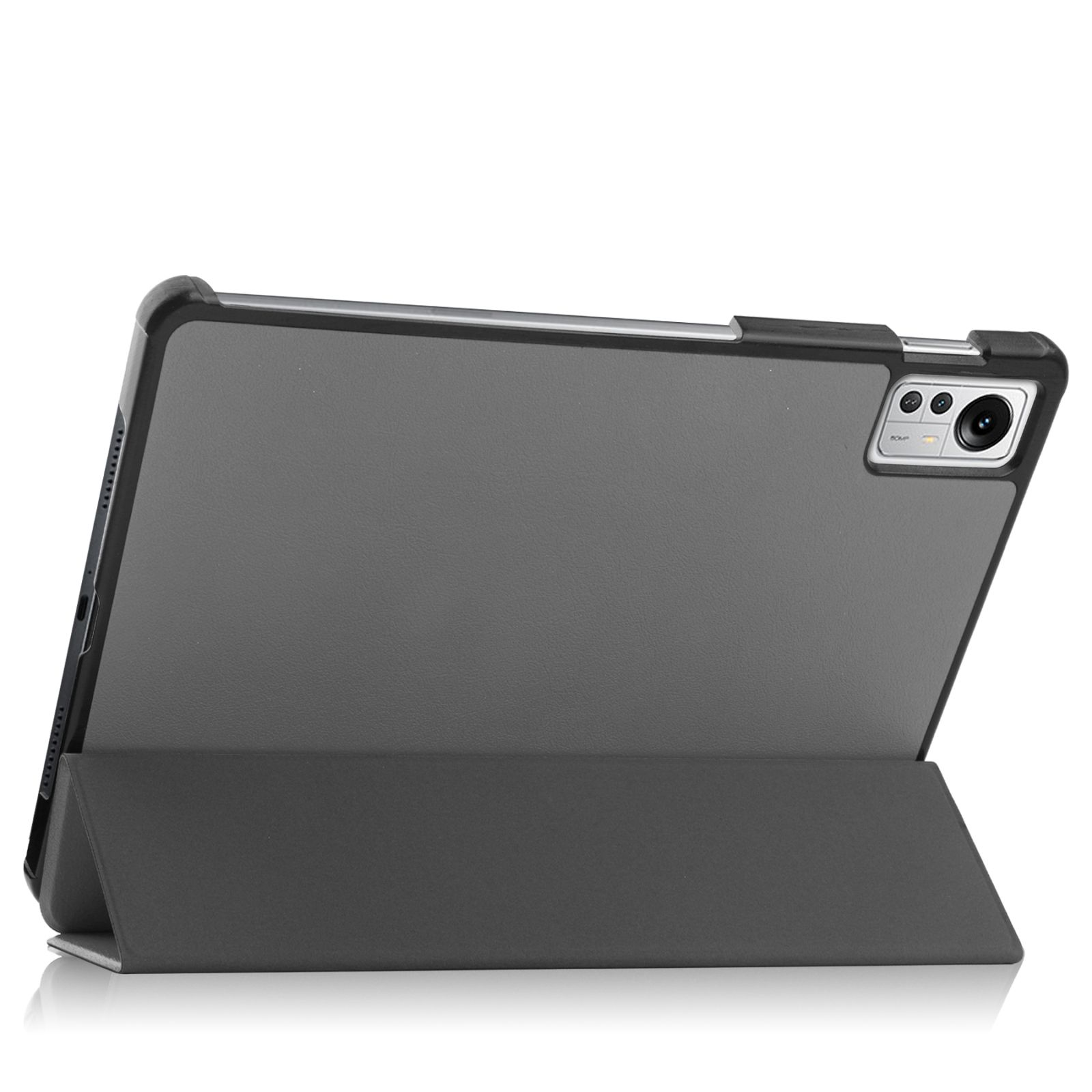 Ein Tablet in einer dunkelgrauen Hülle, leicht angewinkelt. Kamera und Knöpfe sind oben sichtbar.