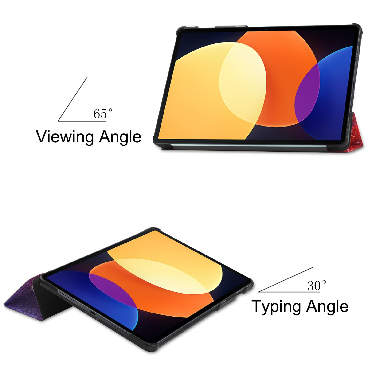 Tablet im Case; Draufsicht 65° Betrachtungswinkel, 30° Schreibwinkel. Orange und rote Anzeige.