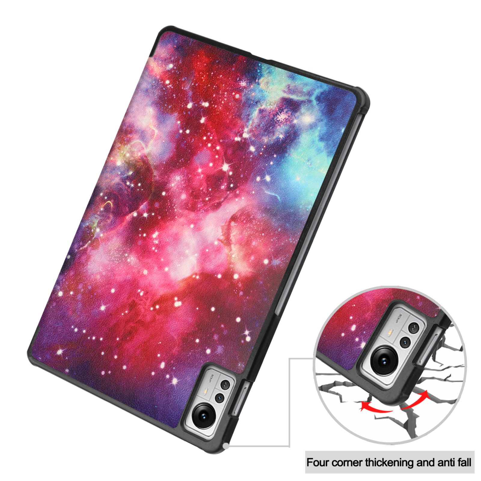 Tablet-Hülle mit Galaxie-Design. Eckenschutz und Anti-Fall-Funktionen.