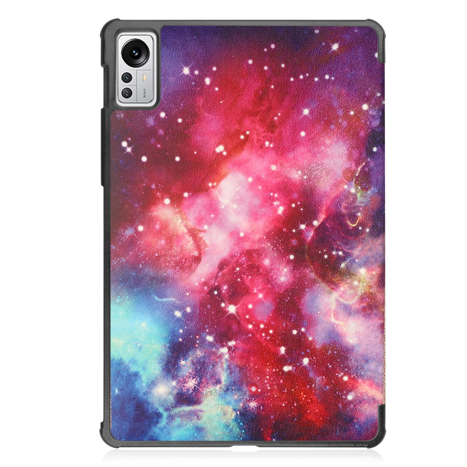 Tablethülle mit Galaxiemotiv in Rot-, Lila- und Blautönen.