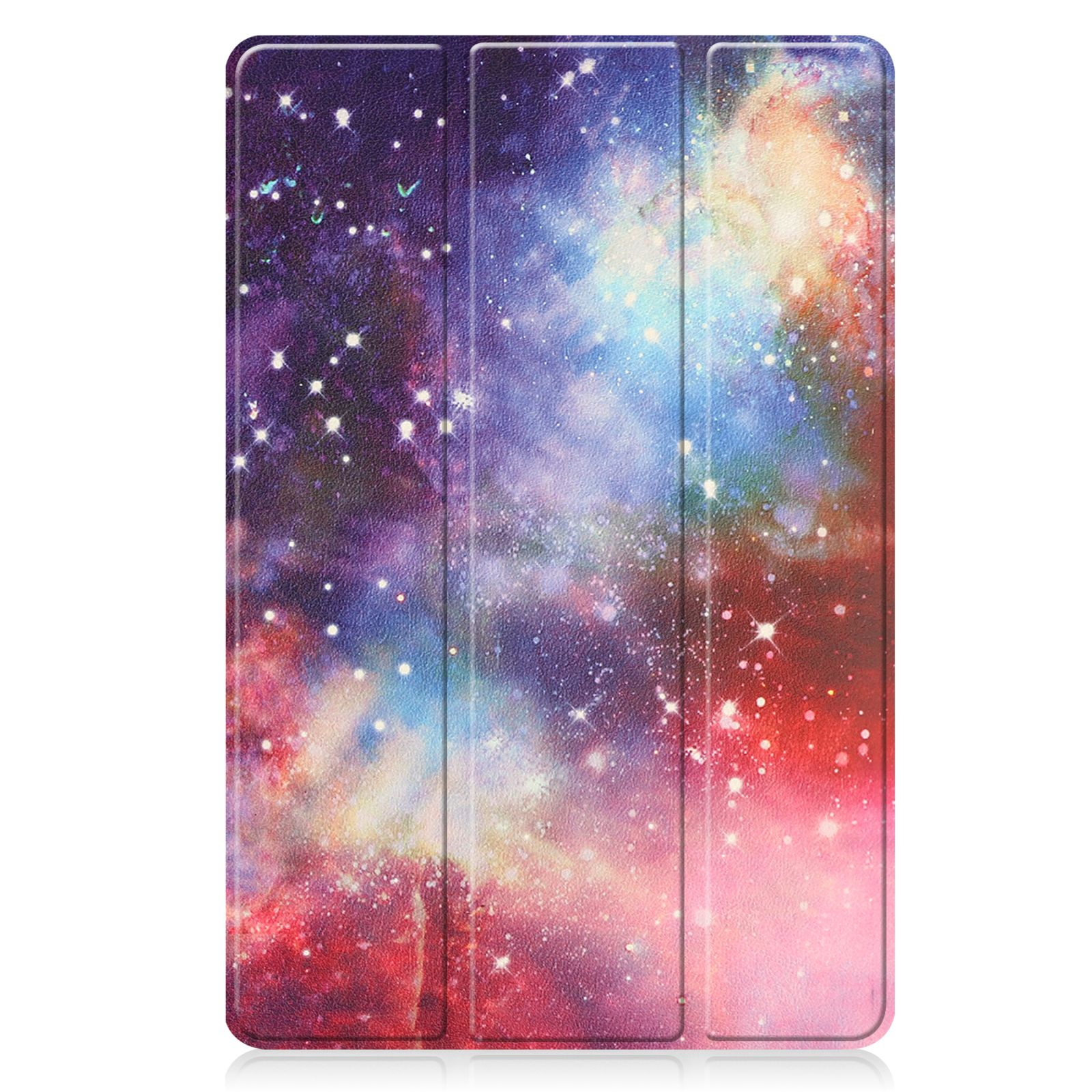 Tablet-Hülle mit Galaxien-Design. Die Hülle ist geschlossen. Das Design hat Lila, Blau und Pink.