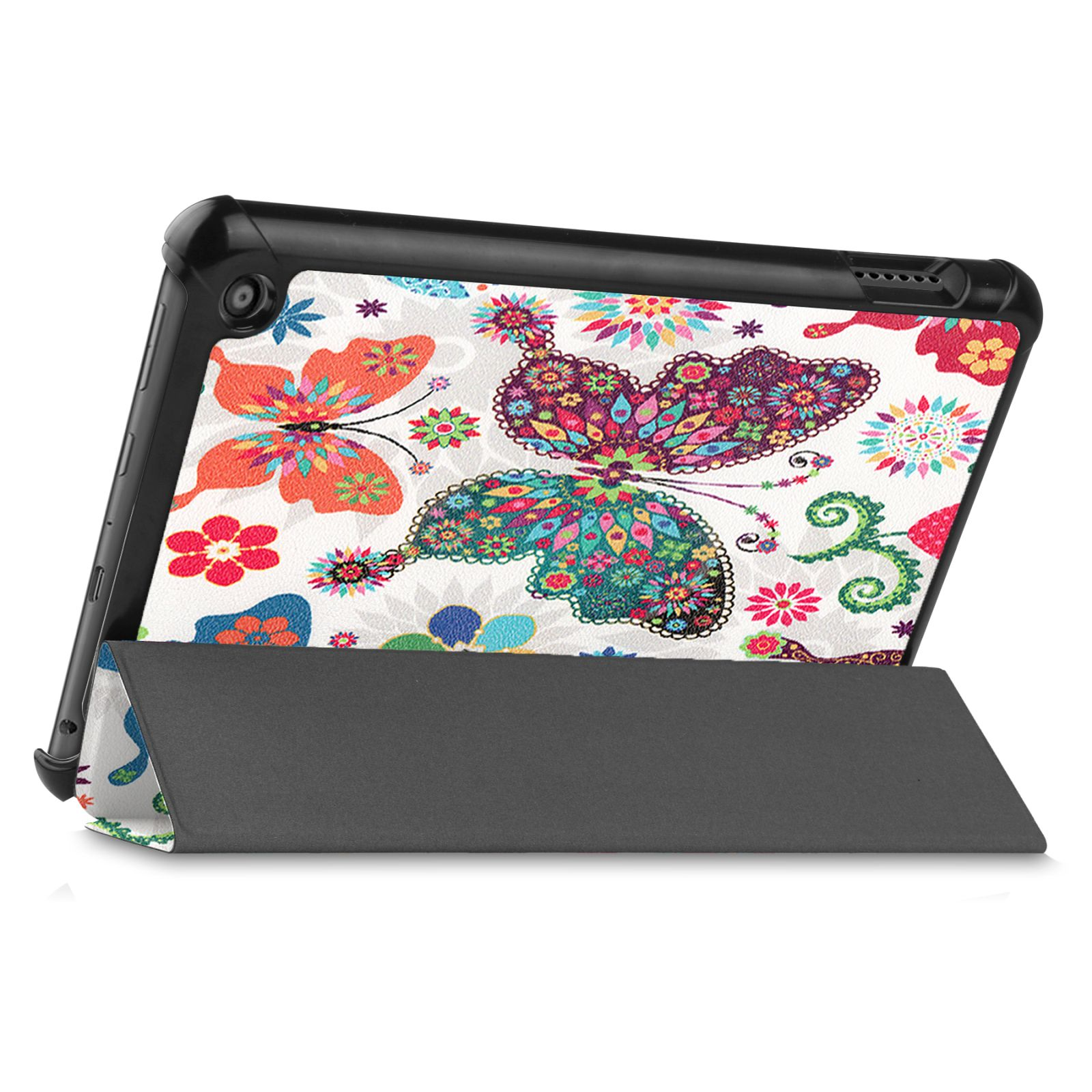 Tablet mit schwarzem Rahmen und Schmetterlingsmuster auf der Hülle.