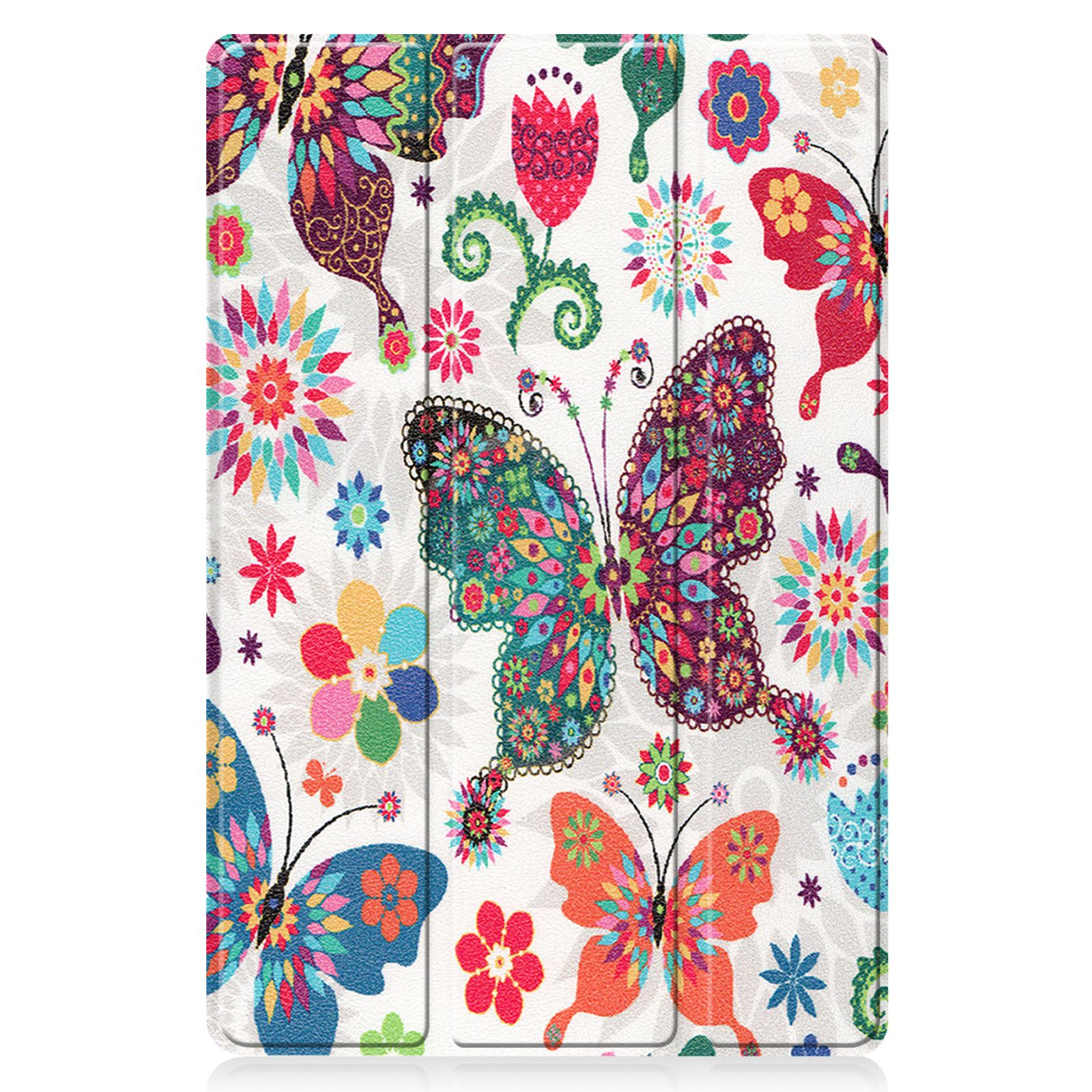 Tablet-Hülle mit Blumendesign, Schmetterlingen, Blumen und weißem Hintergrund. Die Hülle ist geöffnet.