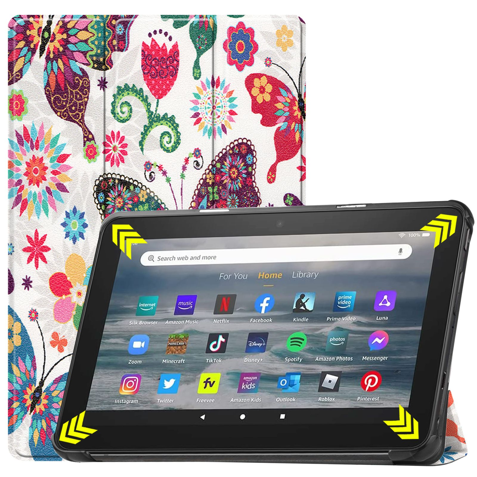 Tablet-Hülle mit bunten Schmetterlingen und Blumen. Der Tablet-Bildschirm zeigt App-Symbole.