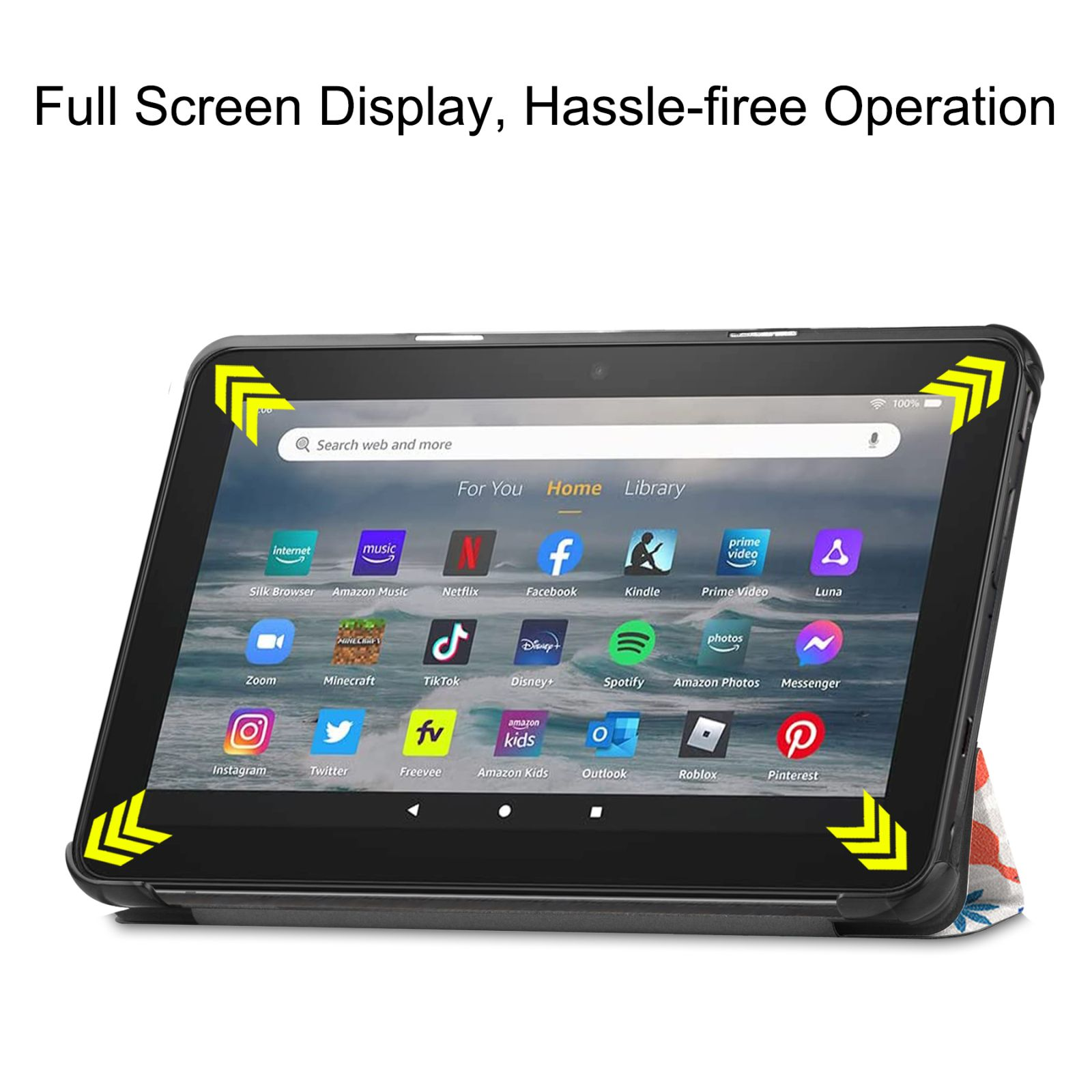Tablet mit Symbolen auf dem Bildschirm. Es befindet sich in einer Hülle und steht aufrecht.