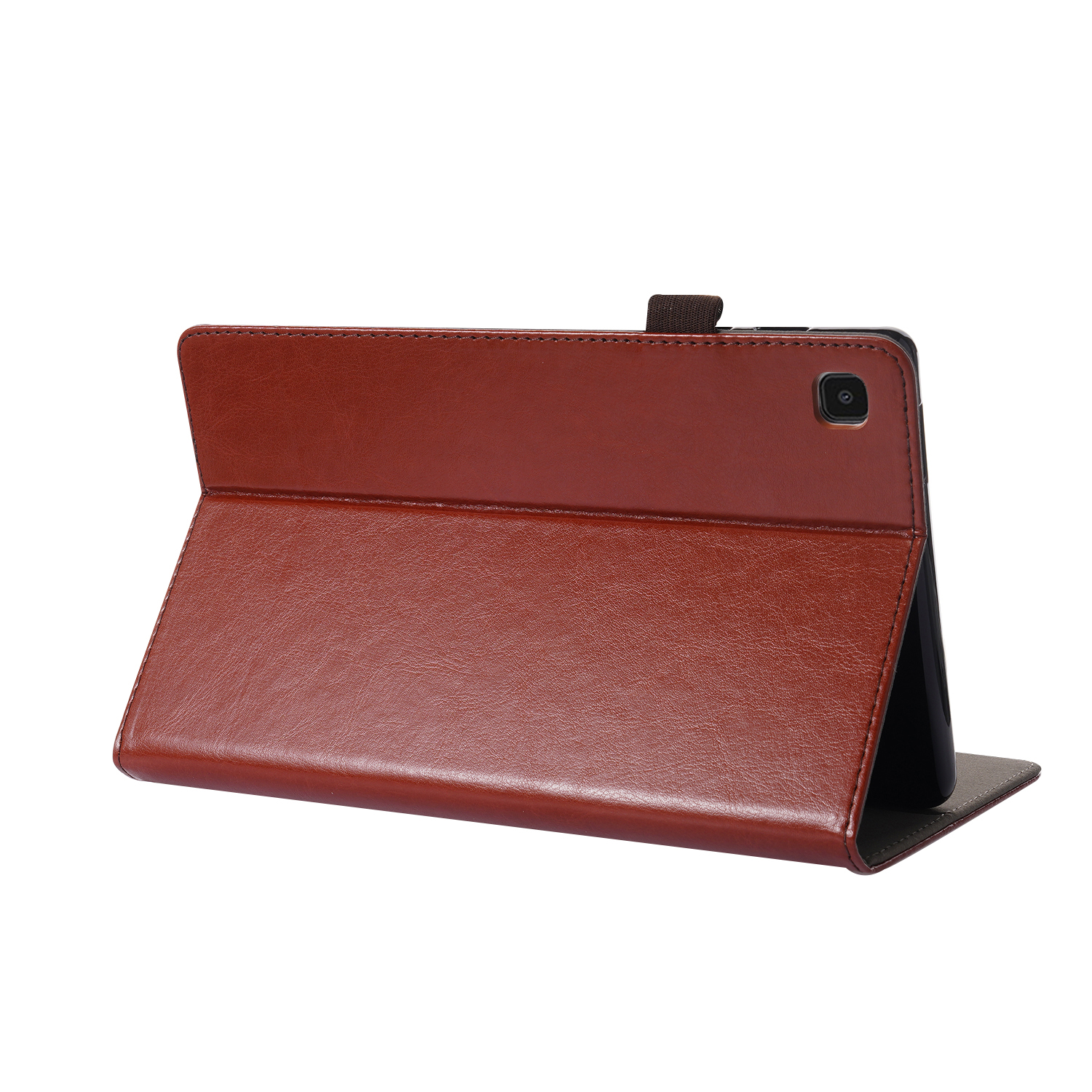 Braune Leder-Tablethülle, offen zur Anzeige des Tablets. Das Tablet ist schwarz.