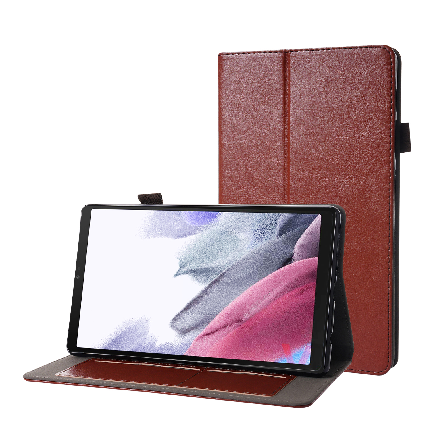 Tablet in braunem Etui, offen. Das Display zeigt ein farbenfrohes Bild. Die Hülle ist offen.