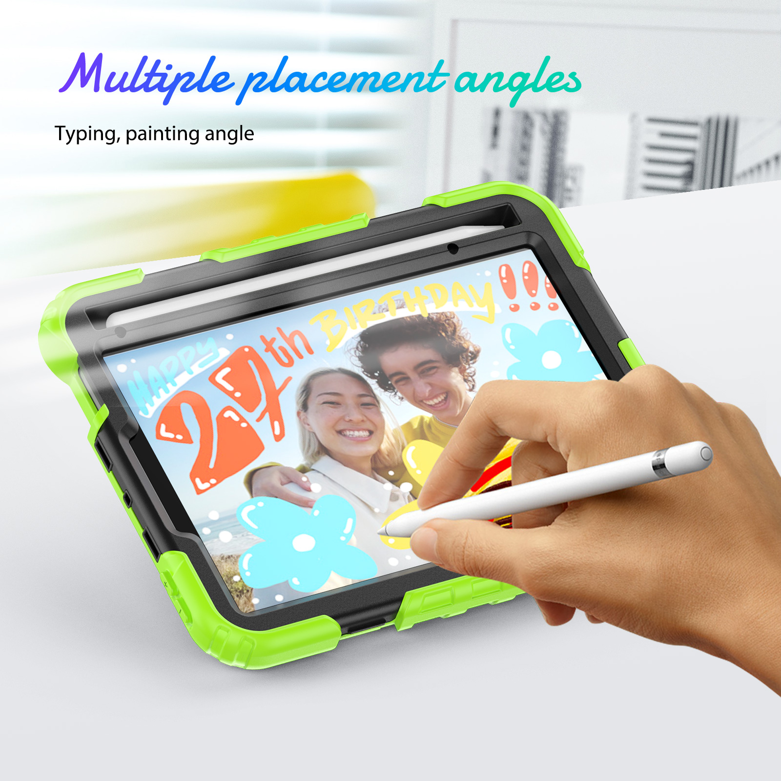 Tablet in einem Gehäuse, grün und schwarz, mit einer Hand, die einen Stift auf dem Bildschirm verwendet.