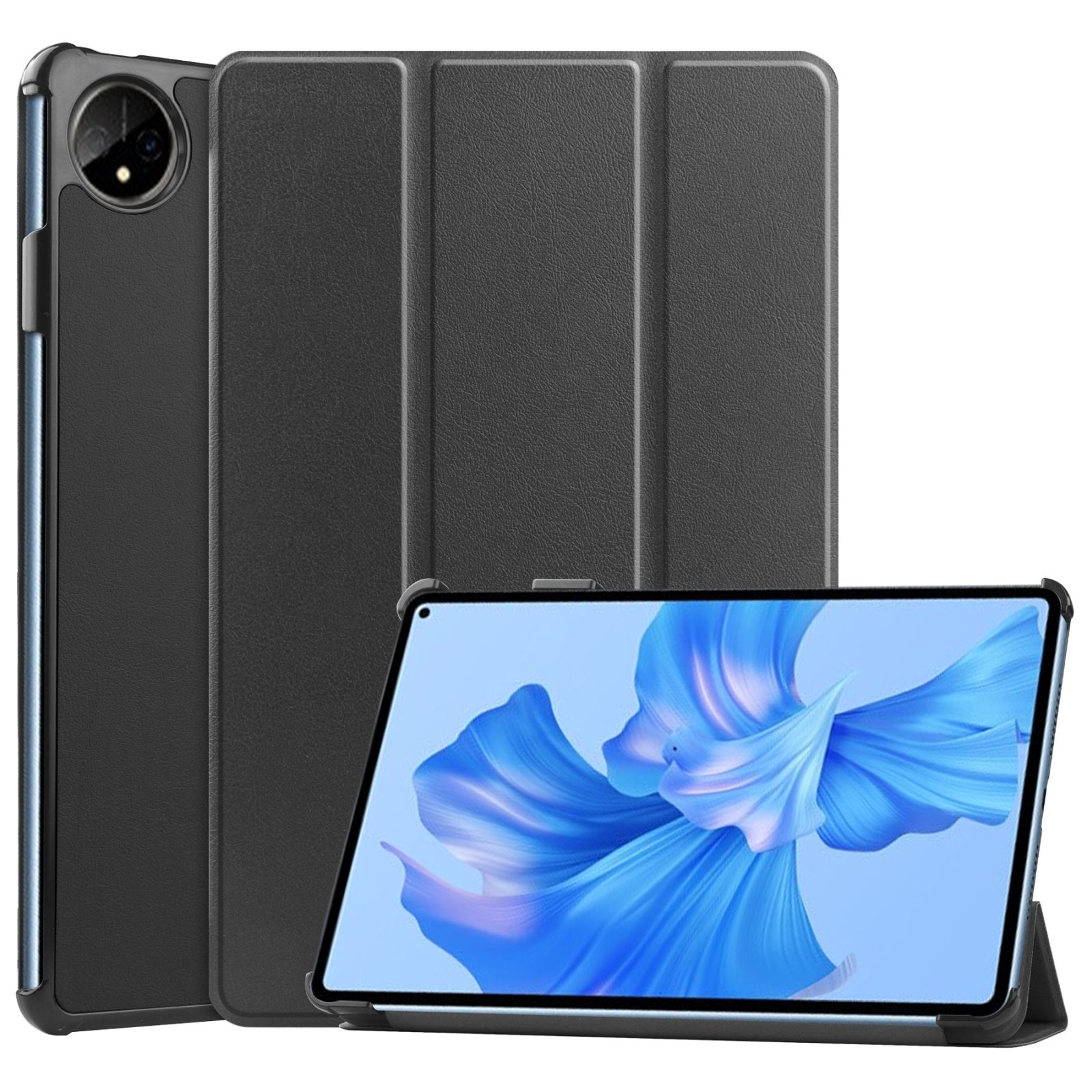 Schwarzes Tablet mit Hülle. Der Bildschirm zeigt ein blaues abstraktes Bild. Die Hülle ist gefaltet.