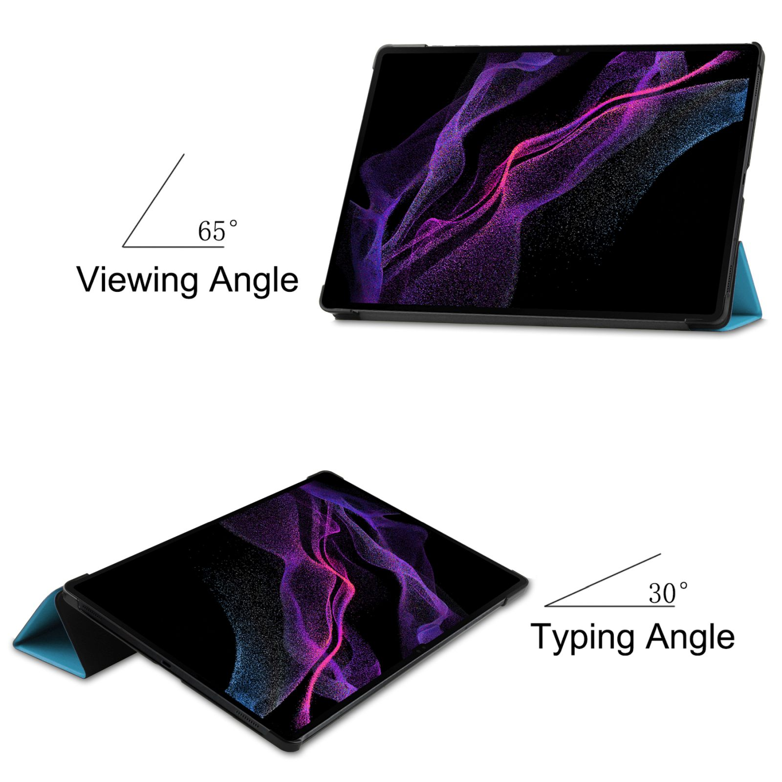 Zwei Bilder von Tablets mit Hüllen. Eines zeigt eine 65-Grad-Ansicht, das andere einen 30-Grad-Tippwinkel.