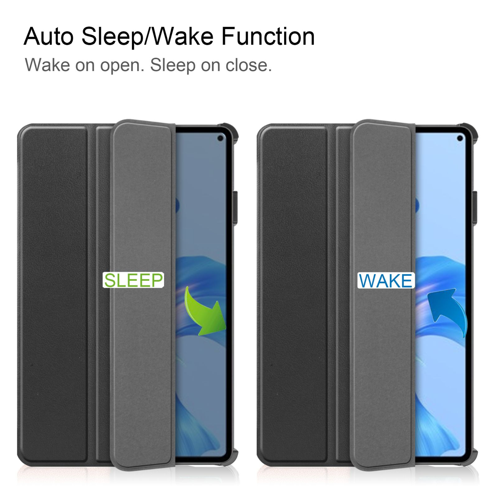 Zwei E-Reader mit geöffneten Hüllen. Einer zeigt 'SLEEP', der andere 'WAKE'.