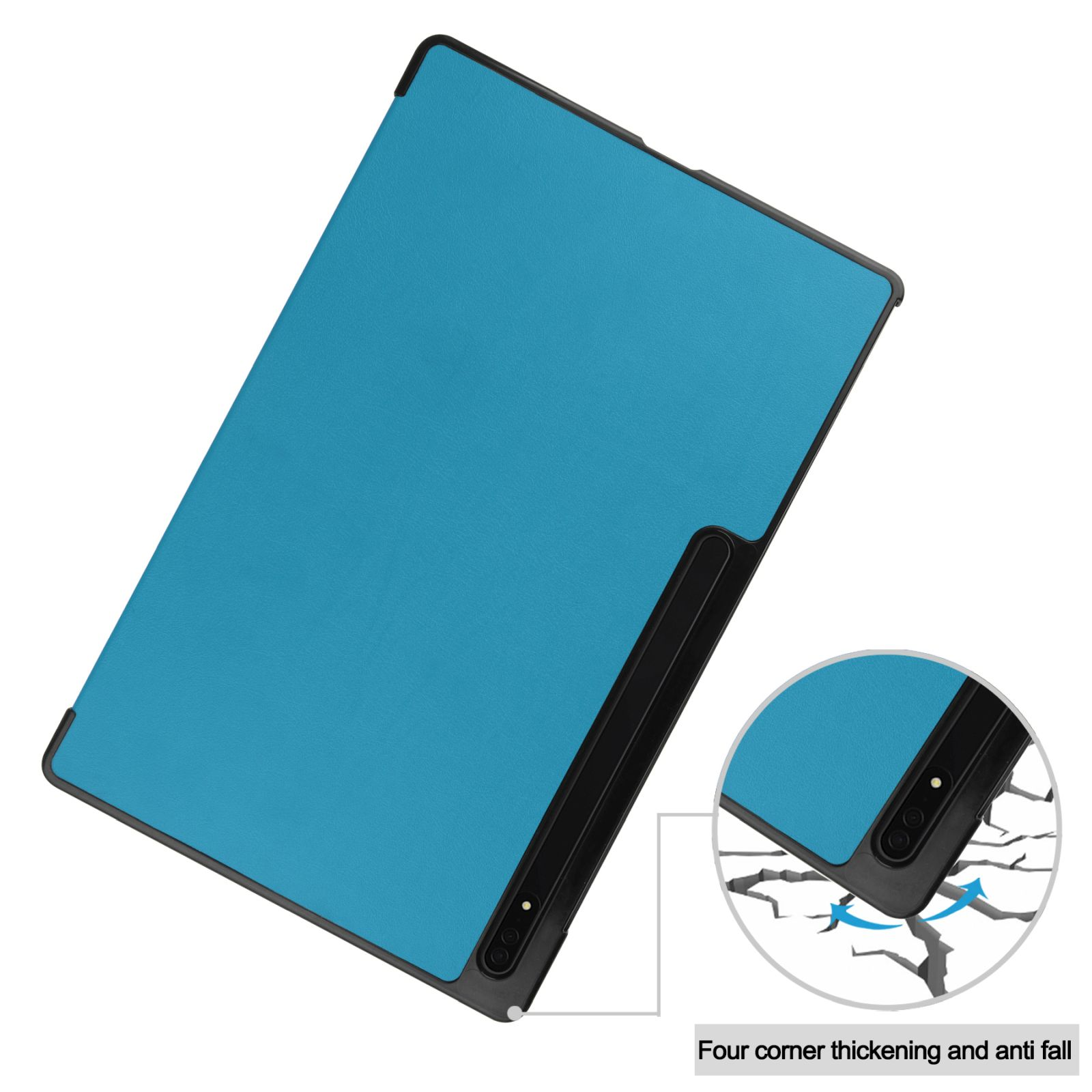 Blaue Tablet-Hülle, Eckenschutz, fällt auf zerbrochenem Boden. Nahaufnahme zeigt die Ecke.
