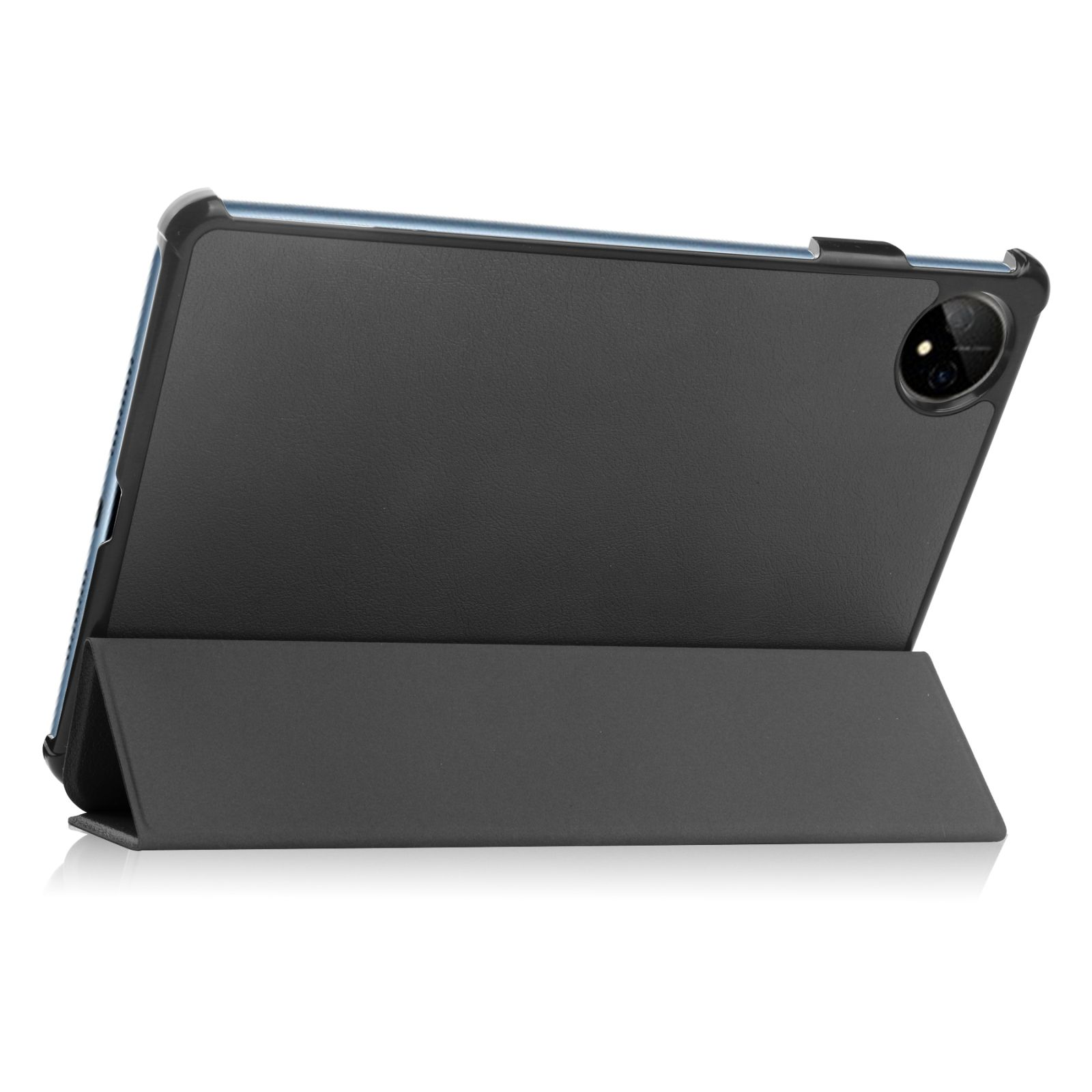Schwarzes Tablet in einer Hülle, Abdeckung offen. Weißer Hintergrund. Hülle hat Kamera und Ständer.