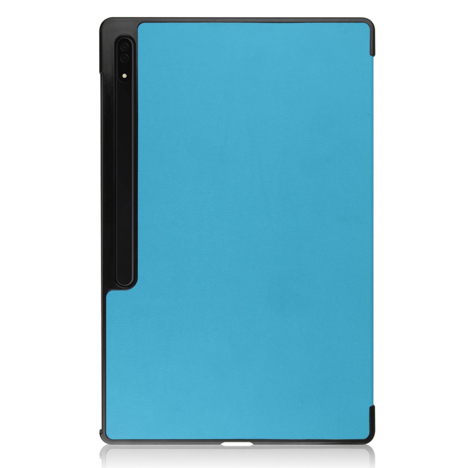 Eine hellblaue Tablethülle mit schwarzem Rahmen. Die Hülle ist geschlossen, die Rückseite sichtbar.
