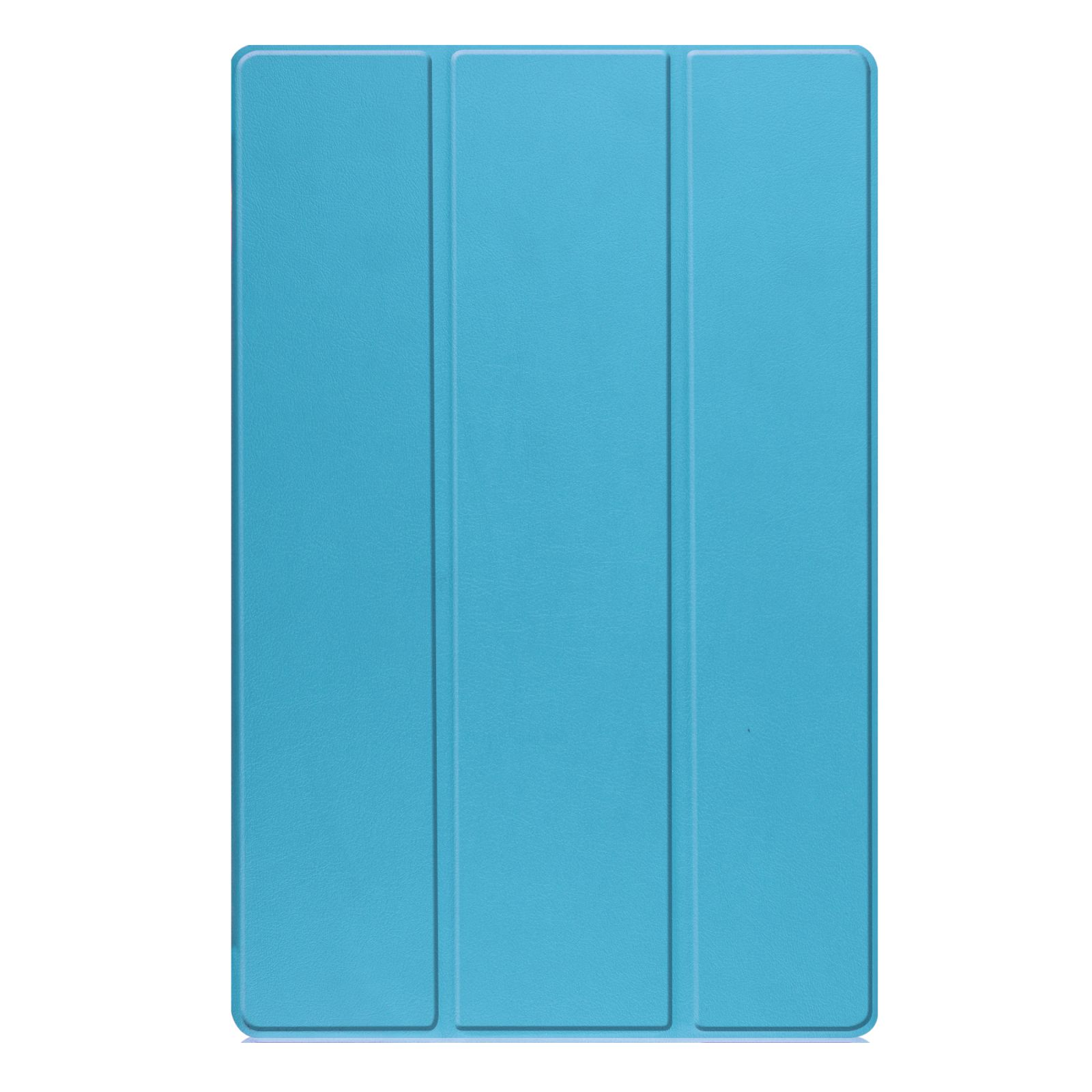 Blau gefaltete Tablet-Hülle mit drei Abschnitten. Die Hülle scheint aus strukturiertem Material zu sein.