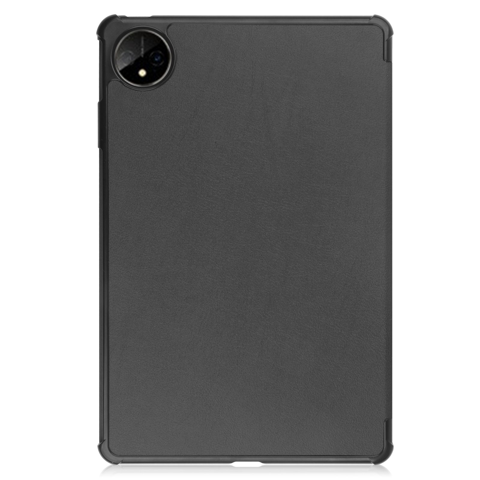 Rückseite eines Tablets in einer schwarzen Hülle. Kamera sichtbar. Hülle hat Schutzrahmen.