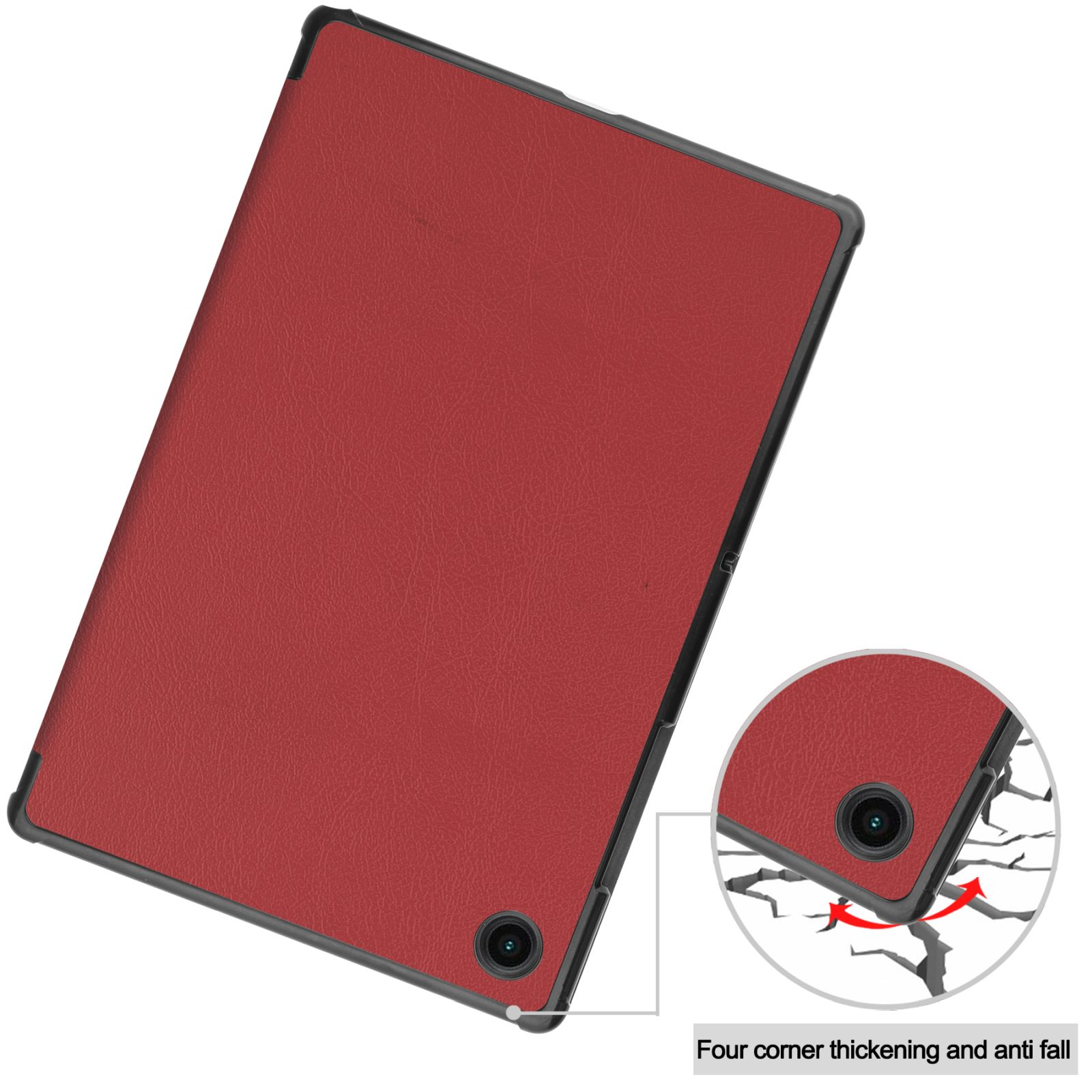 Rote Tablett-Hülle mit Nahaufnahme einer Ecke, die Schutz zeigt. Tablet ist innen.