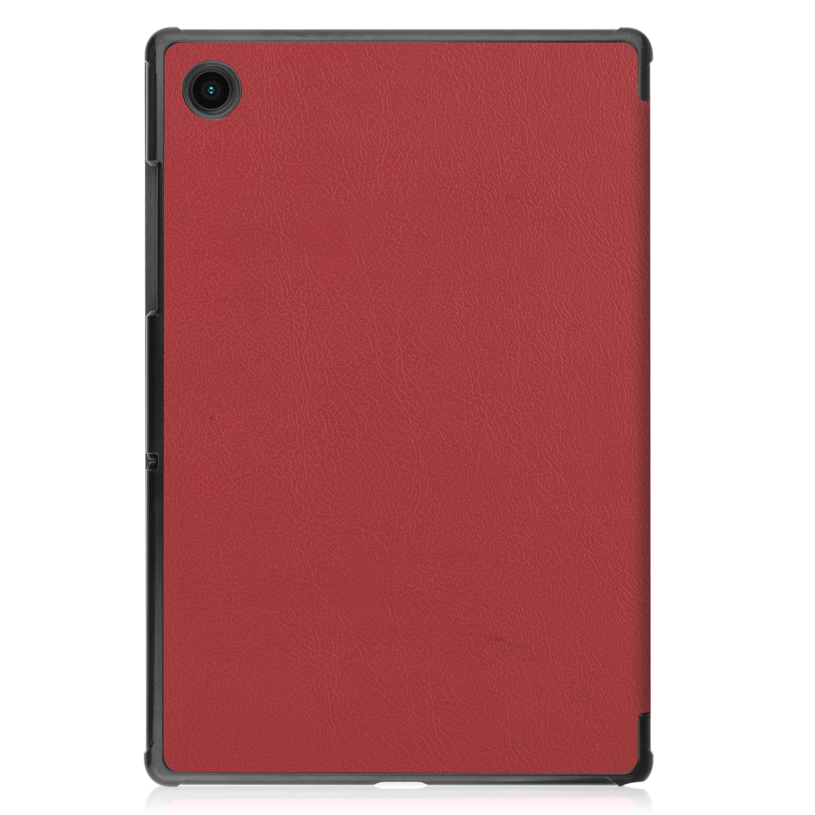 Rote Leder-Tablethülle, geschlossen. Die Hülle hat eine schlichte rote Farbe und einen schwarzen Rahmen.