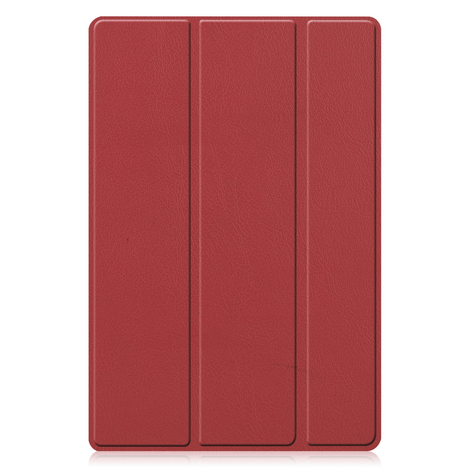 Eine rote Tablet-Hülle aus Leder mit schlichtem Design, geschlossen und flach liegend.