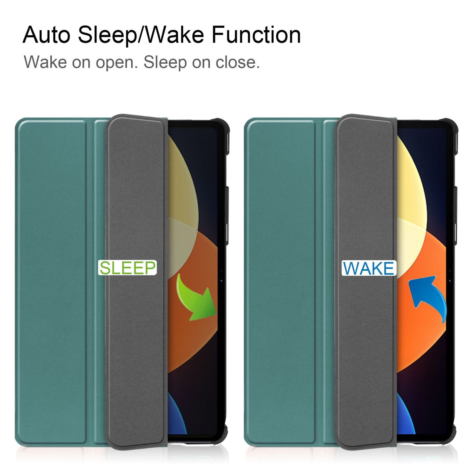 Tablet-Hülle offen und geschlossen. Text: Auto Sleep/Wake Funktion.