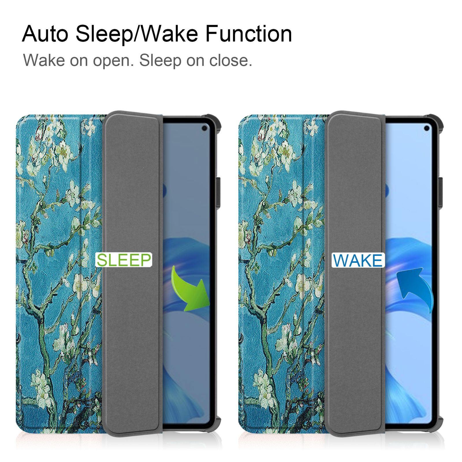 Zwei Tablet-Hüllen, zeigen offene und geschlossene Positionen mit Blumenmuster.