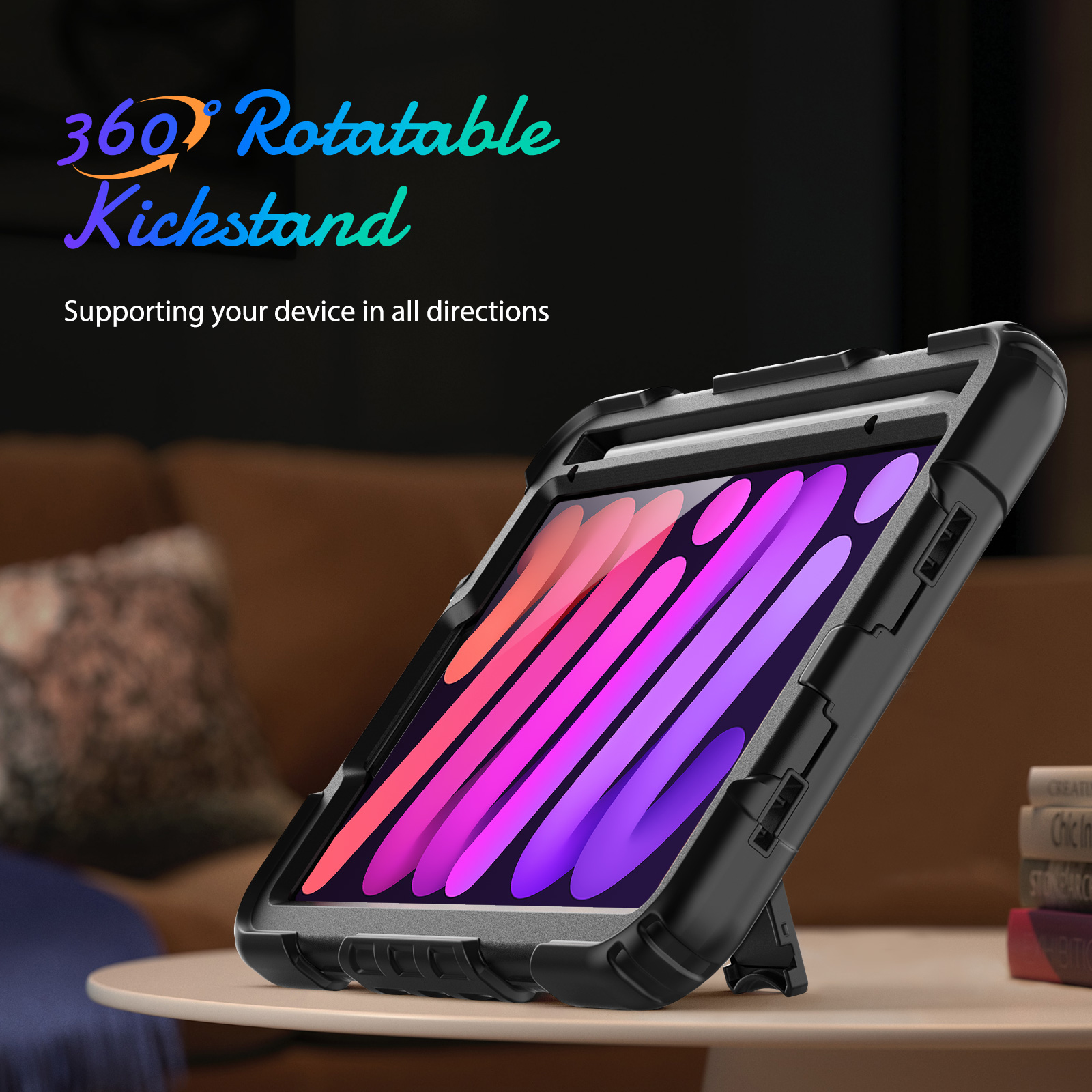 Tablet in schwarzer Hülle, auf Tisch gestellt. Kickstand sichtbar, Text: 360 Rotatable.