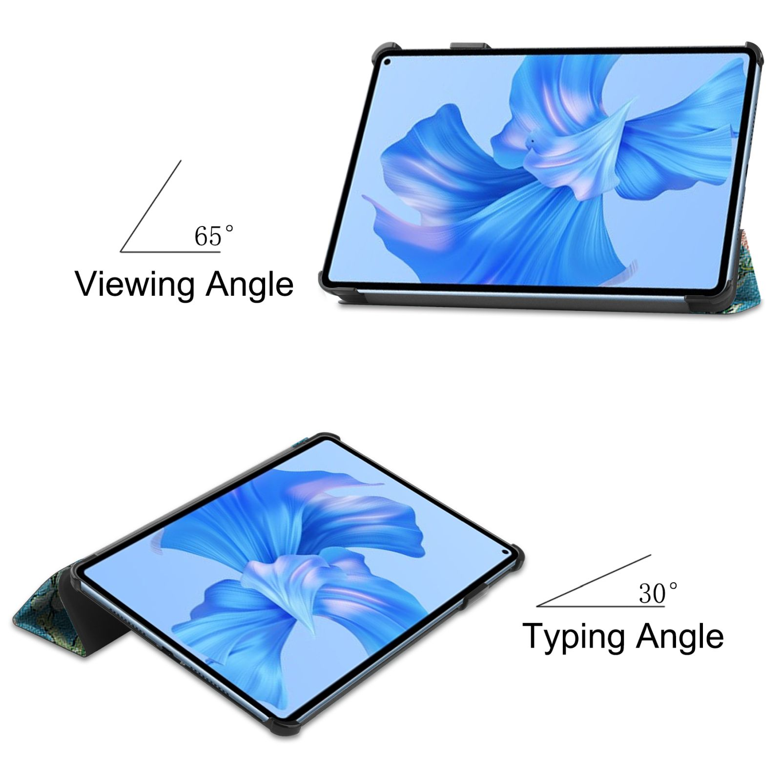 Tablet in schwarzem Gehäuse, blaues Blumendesign auf dem Bildschirm. Zwei Winkel gezeigt, mit Anzeige- und Schreibwinkeln.