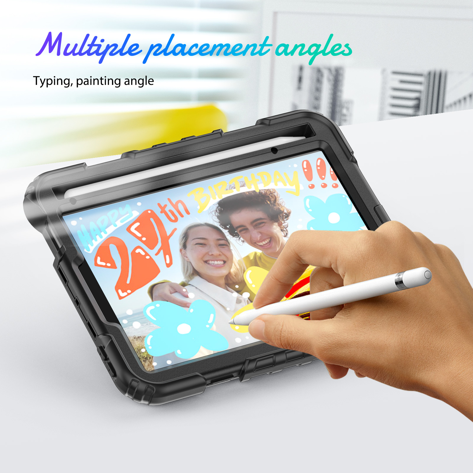 Ein Tablet in einer Hülle, das ein farbenfrohes Geburtstagsbild zeigt. Eine Hand benutzt einen Stift.